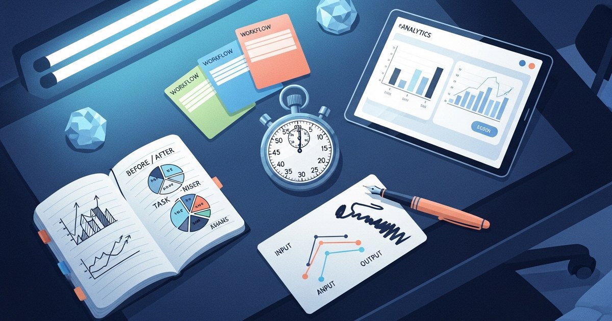 Editorial illustration: arranged objects on a charcoal drafting table including a traditional stopwatch showing elapsed time, a small notebook open to hand-sketched before/after task charts, three color-coded index cards labeled with different workflow stages, a sleek digital tablet displaying usage analytics, and a single fountain pen resting beside ink marks that track progression from input to output.