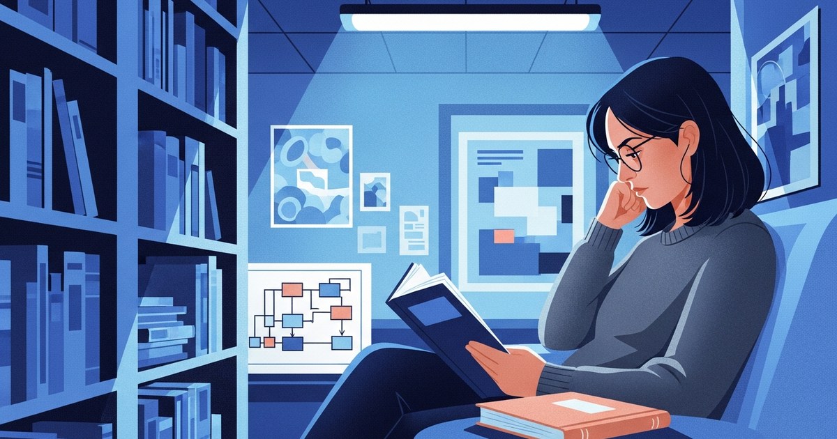 Editorial illustration: a thoughtful woman in her early 40s with shoulder-length dark hair, wearing a soft charcoal sweater and subtle wire-frame glasses studying an open technical manual with a small notebook beside her, mid-thought about how systems connect in a library reading nook