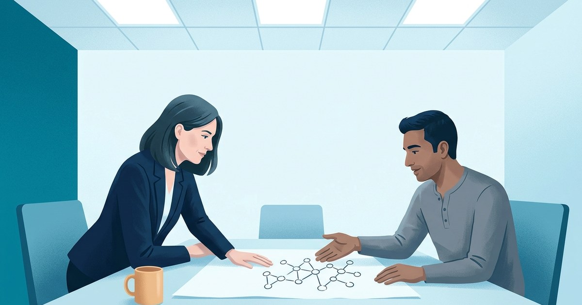 Editorial illustration: two people in a modern conference room corner collaborating over a hand-drawn system diagram on the table between them, both leaning in with quiet focus