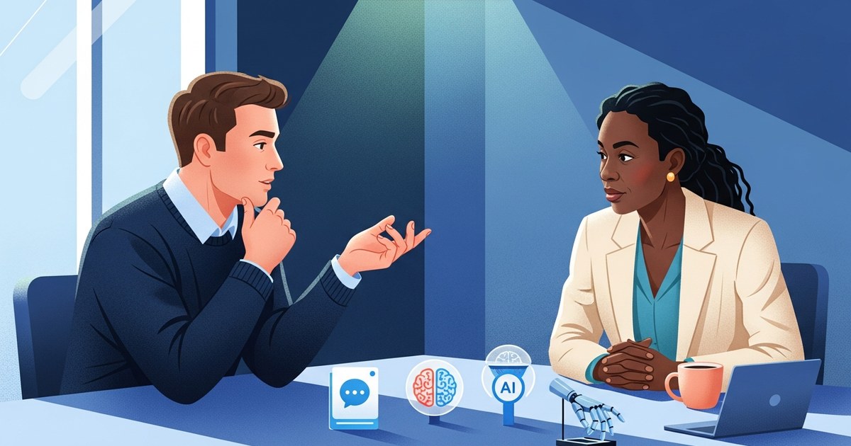 Editorial illustration: two people in a conference room corner discussing over three distinct small objects arranged between them on the table