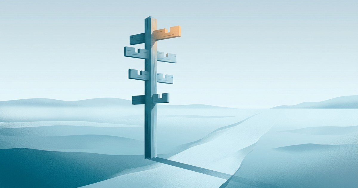Editorial illustration: a tall wooden trail marker post planted at the center of a misty highland plateau, with five horizontal crossbars at ascending heights, each carved with a simple notch, like a measuring rod driven into the earth, casting a crisp shadow that points forward along a clear path ahead.