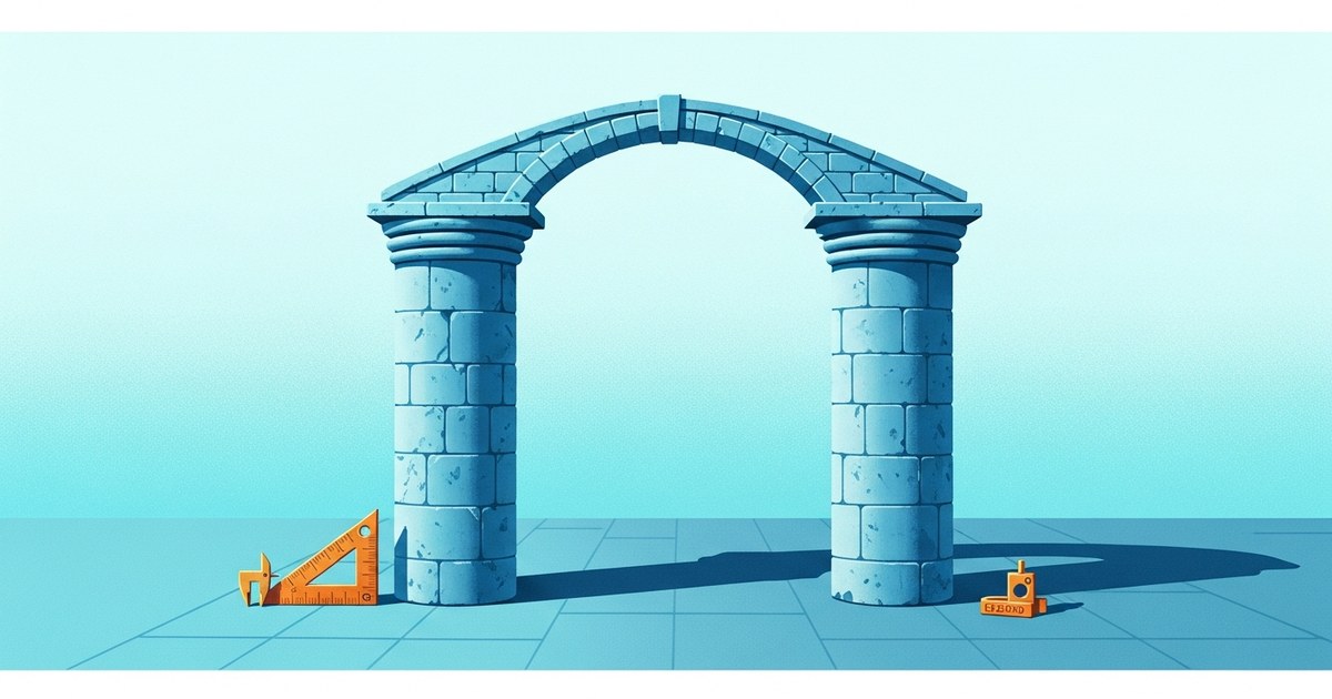 Flat vector illustration of two pillars — training and implementation — meeting in the middle around the word 