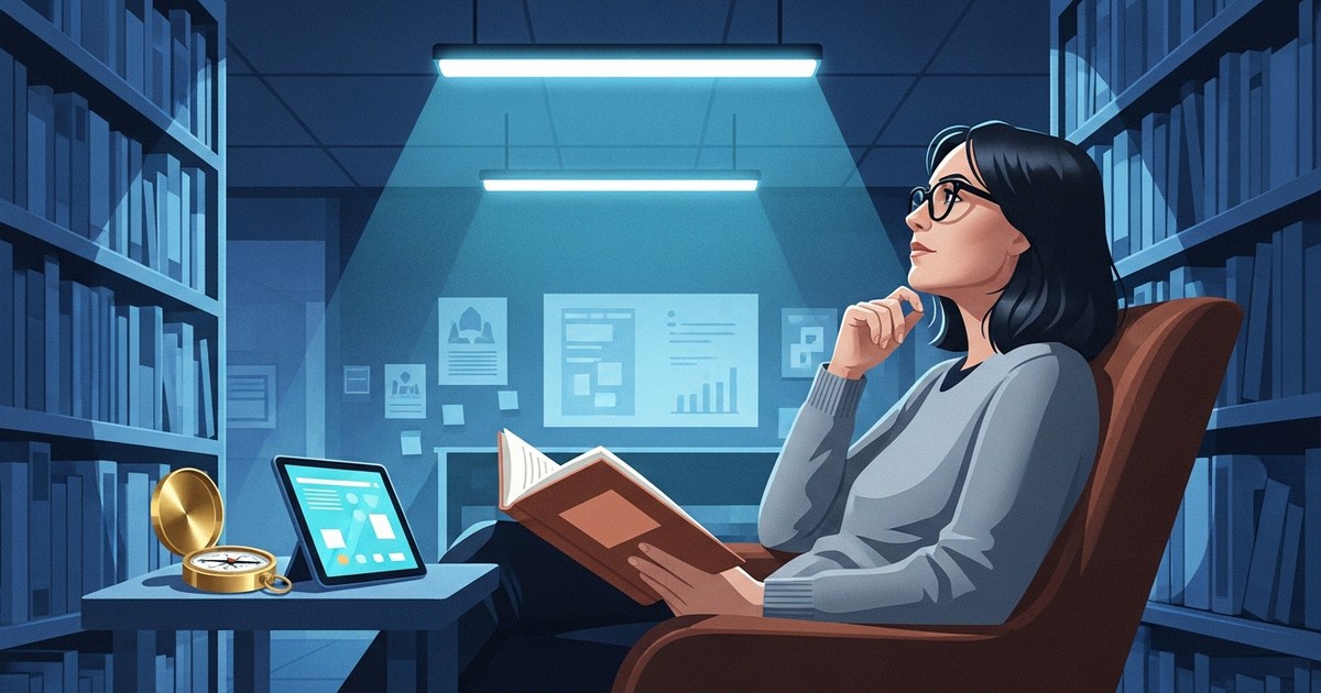 Editorial illustration: a woman in her early 40s with shoulder-length dark hair, wearing a soft gray sweater and dark-rimmed glasses pausing mid-read, looking up thoughtfully as if considering a decision in a library reading nook