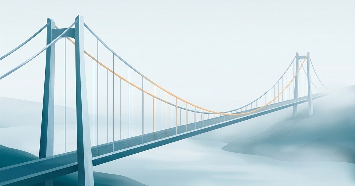 Editorial illustration: a suspended bridge with two distinct structural cables, one cool silver-blue, one warm, each anchored to its own tower, both necessary to hold the span aloft; the bridge deck is solid and even, implying neither cable could hold it alone.
