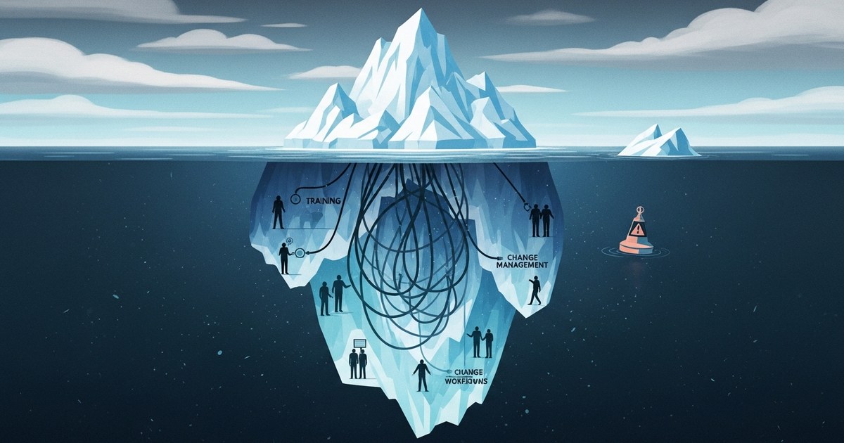 Iceberg illustration showing hidden AI implementation costs beneath the visible technology budget