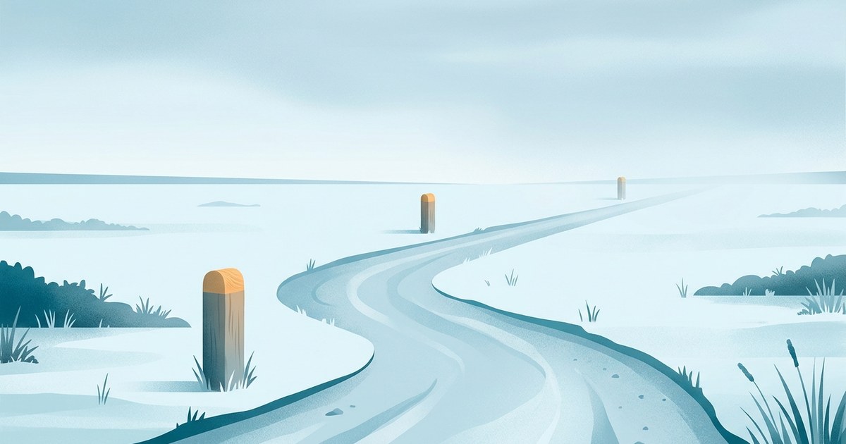 Editorial illustration: a winding unpaved road stretching across a wide open plain, marked at three distinct intervals by simple wooden milestone posts, the first close, the second mid-distance, the third far away and slightly obscured by morning haze, implying measured, deliberate progress rather than a straight sprint.
