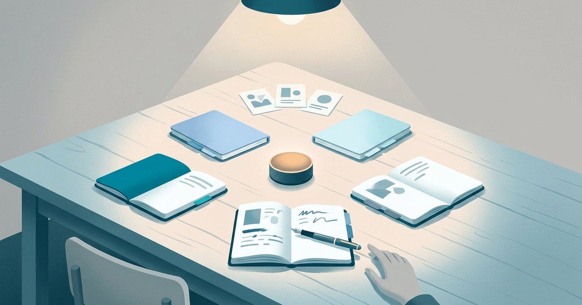 Editorial illustration: arranged objects on a lightly worn wooden table including five small open notebooks fanned out across the surface, each with a different color tab marking its cover edge, representing role-specific tracks; a single compact device (a small speaker or puck, face-up, suggesting an ai agent to practice on) sits at the center where the notebooks converge; a fountain pen rests across the nearest notebook, mid-annotation; a set of three small paper cards arranged in a loose arc near the top edge, like a visible leadership commitment visible to all.