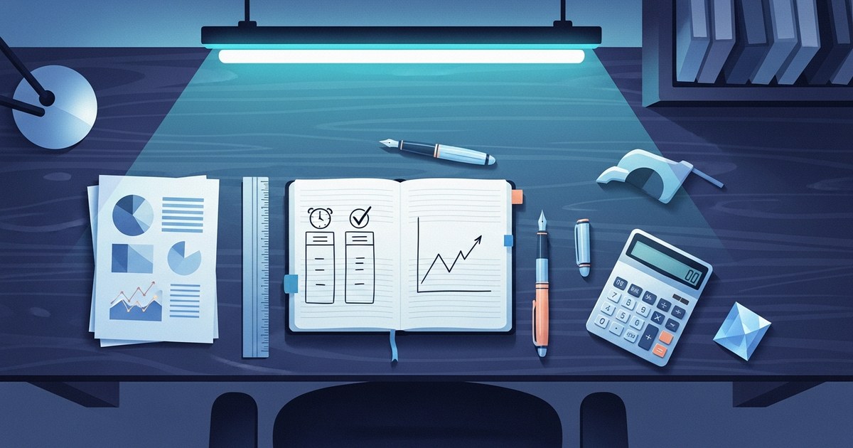 Illustration of a person reviewing AI performance dashboards and metrics