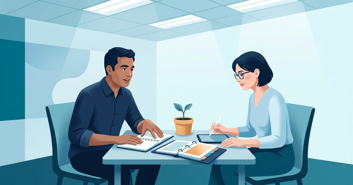 Editorial illustration: two people in a modern conference room corner co-reviewing a role-specific training plan spread across a shared table, both leaning in toward the materials