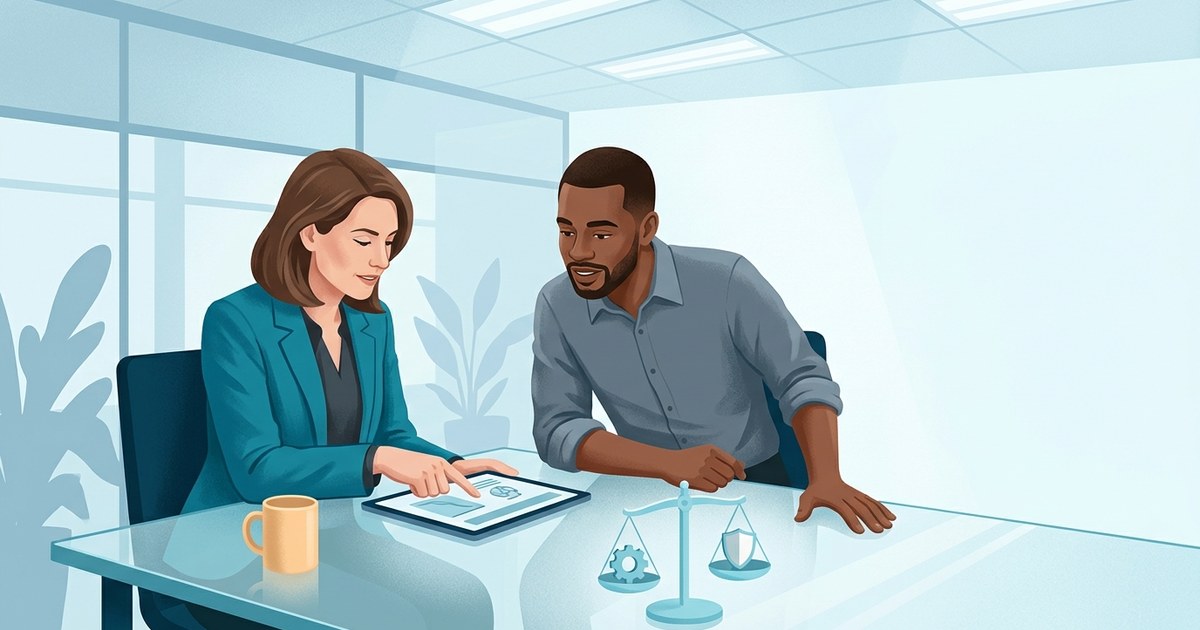 Editorial illustration: two people in a modern conference room corner both leaning toward a shared tablet on the table between them, the woman pointing to something on the screen while the man listens and considers